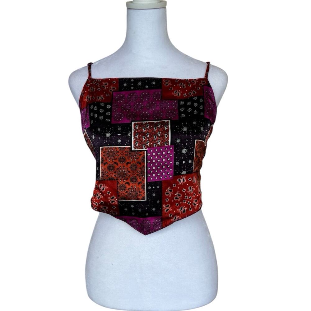 Papaya Reversible Satin Patchwork Bandana Scarf Crop Top OS Adjustable Straps